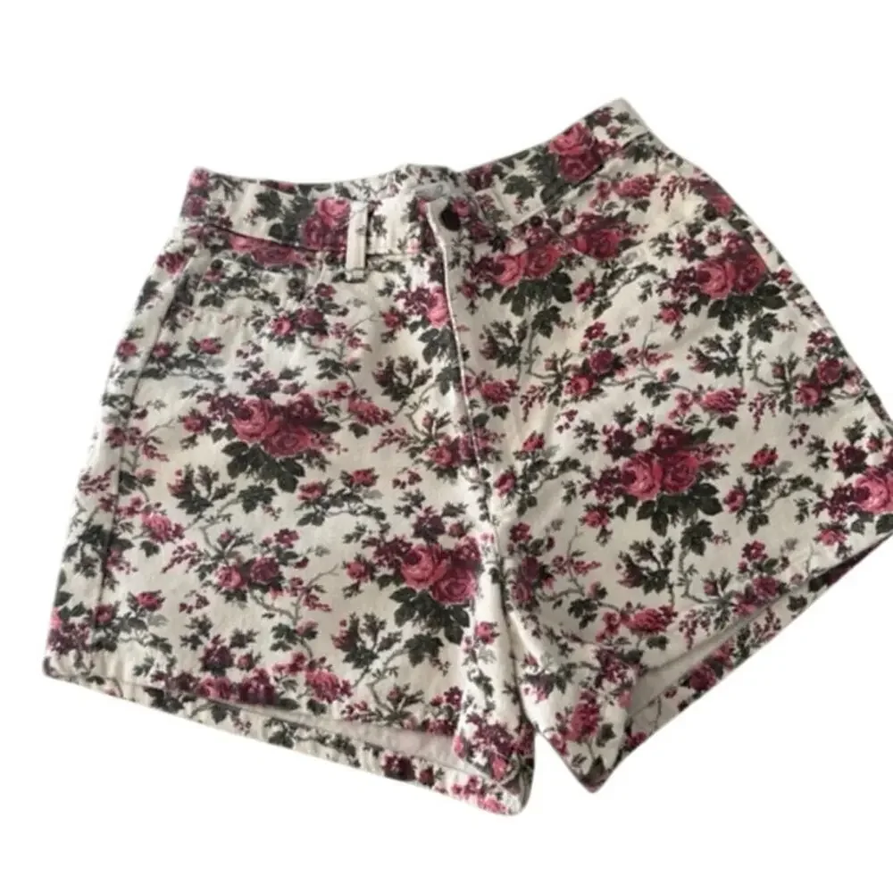 RARE VTG 80s merona floral white denim high waisted shorts sz 7/8